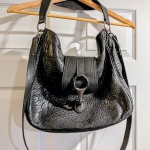 Massimo Dutti Black Textured Leather Shoulder Hobo with Ring Detail